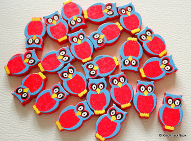 Red And Blue Owl Wood Beads x 10